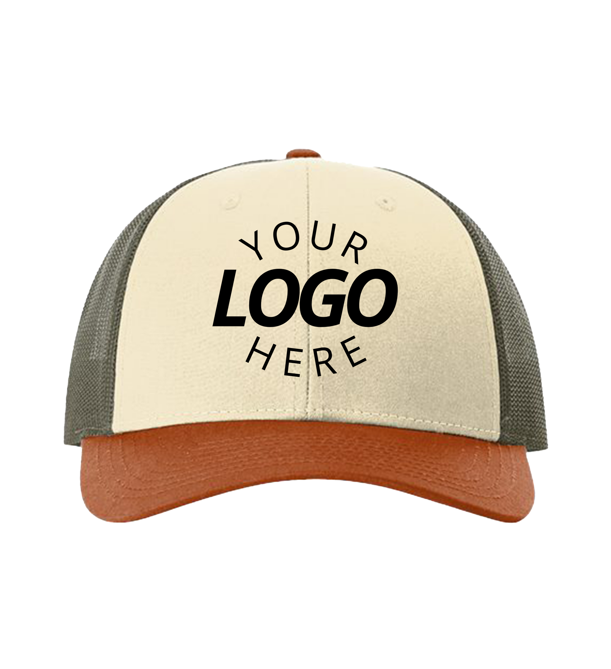 Snapback cream / loden green / dark orange trucker cap with logo on the front