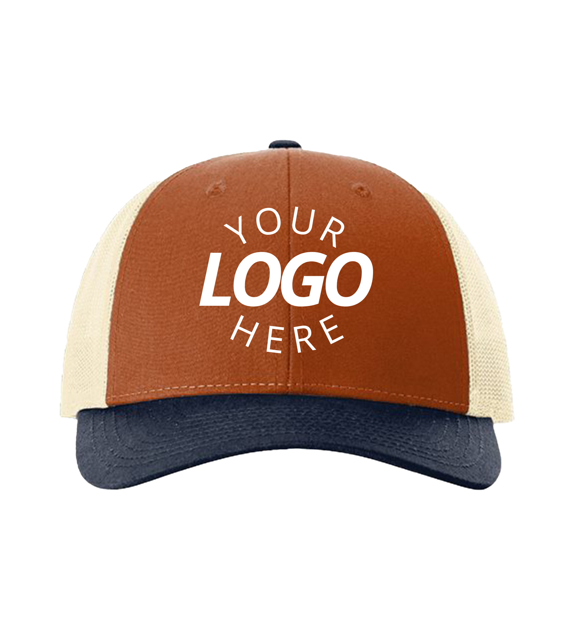Snapback dark orange / birch / patriot blue trucker cap with logo on the front