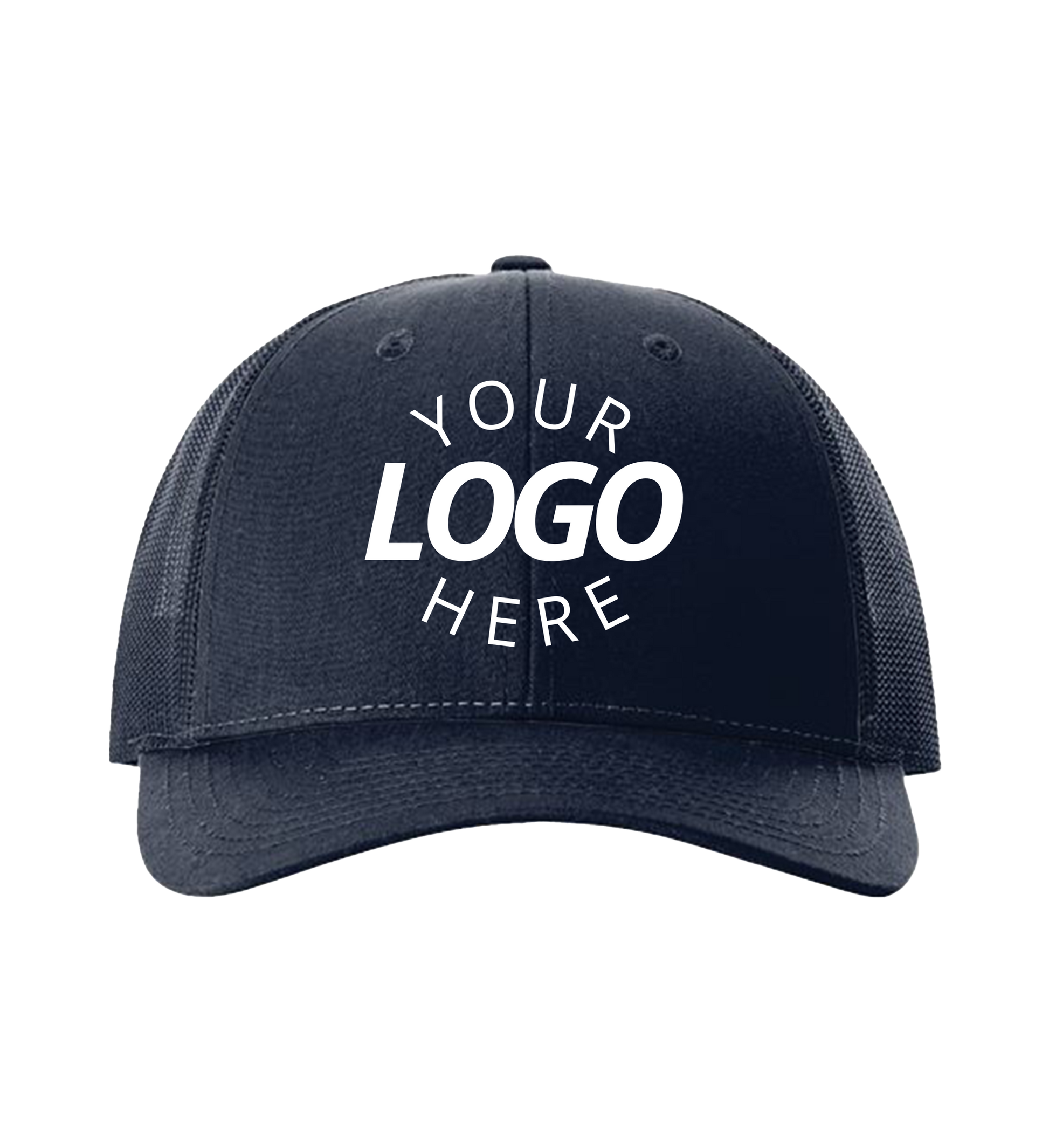 Snapback navy trucker cap with logo on the front