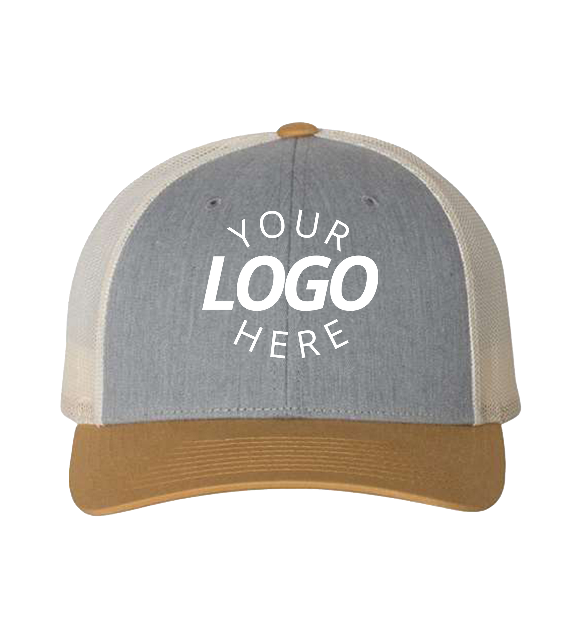 Snapback heather grey / birch / amber gold trucker cap with logo on the front