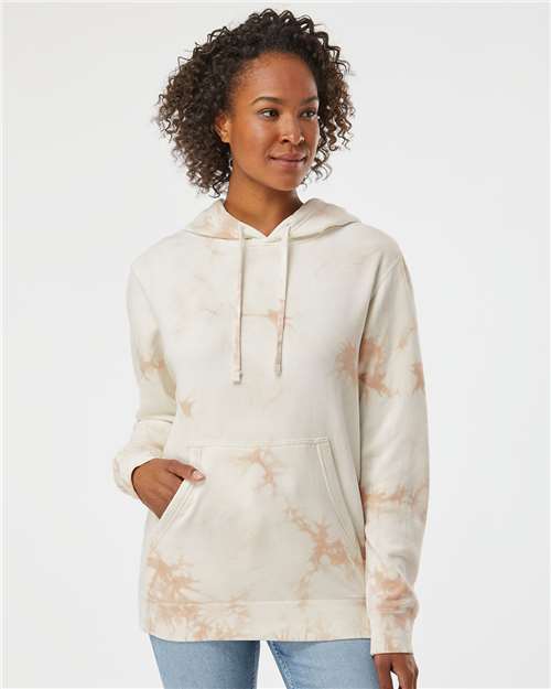 A tie-dye omf hooded sweatshirt with a placeholder text that reads 'YOUR LOGO HERE' on the front.