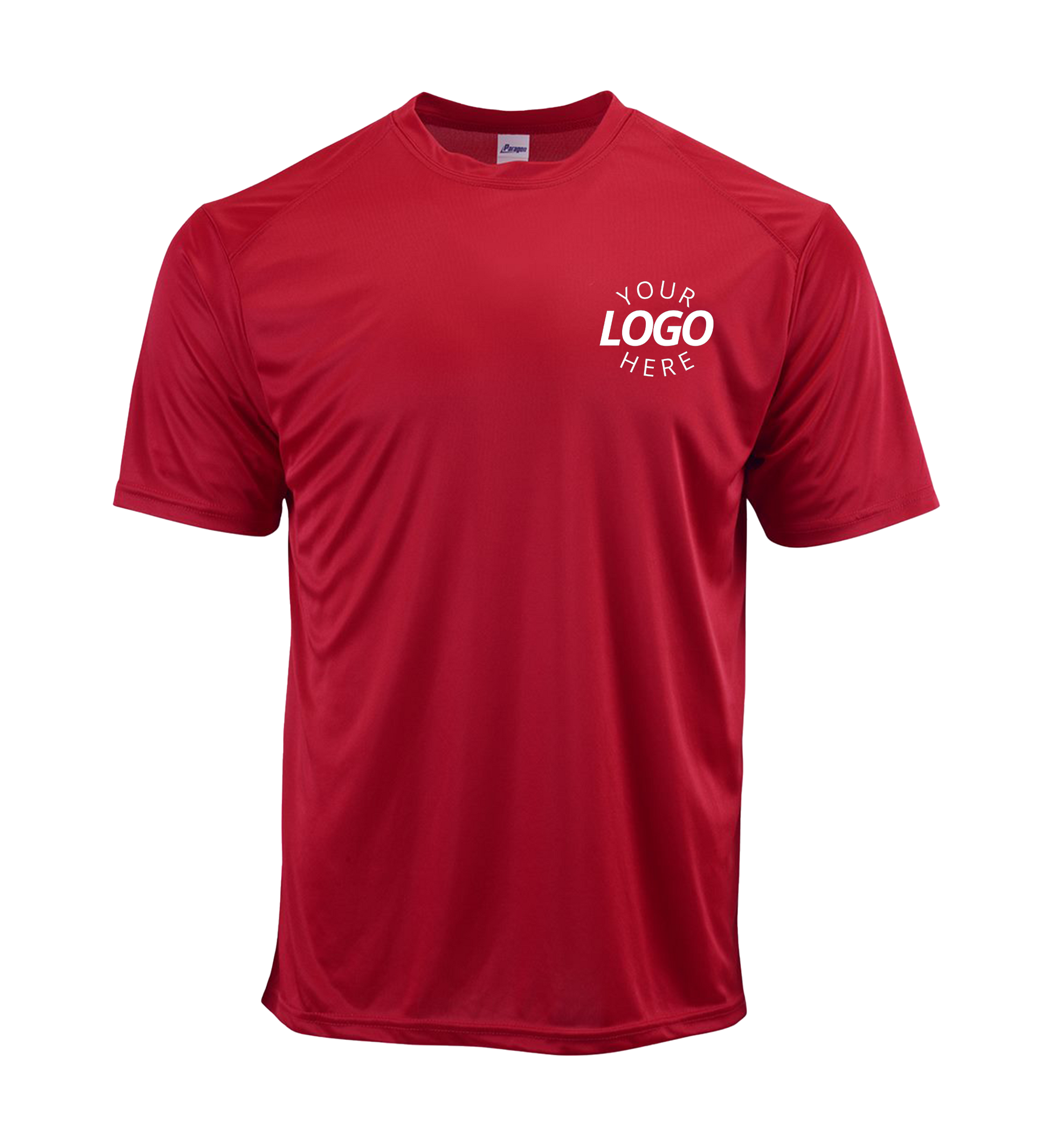 Red crew neck men's t-shirt with small logo on left side of chest