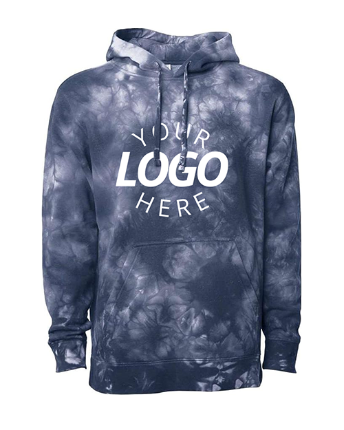 A tie-dye navy hooded sweatshirt with a placeholder text that reads 'YOUR LOGO HERE' on the front.