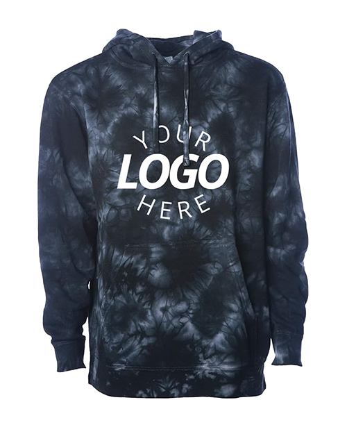 A tie-dye black hooded sweatshirt with a placeholder text that reads 'YOUR LOGO HERE' on the front.