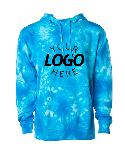 A tie-dye blue hooded sweatshirt with a placeholder text that reads 'YOUR LOGO HERE' on the front.