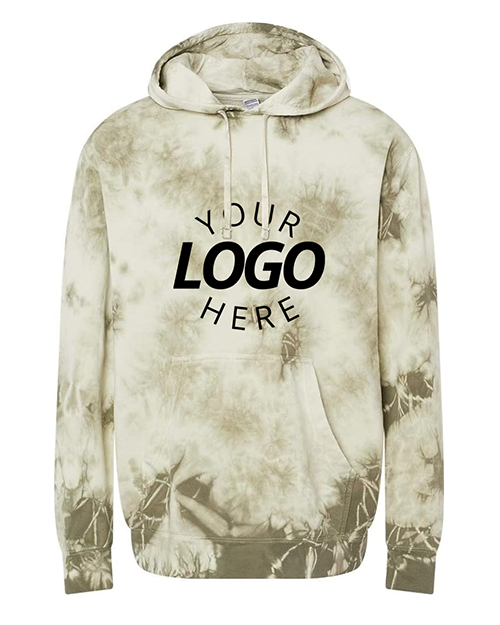 A tie-dye green hooded sweatshirt with a placeholder text that reads 'YOUR LOGO HERE' on the front.