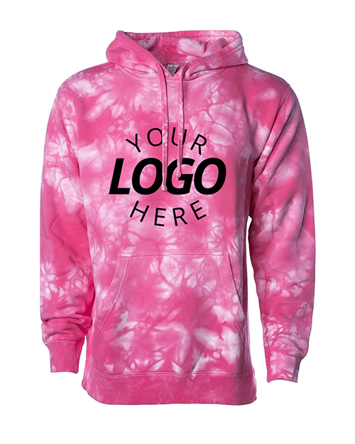 A tie-dye pink hooded sweatshirt with a placeholder text that reads 'YOUR LOGO HERE' on the front.