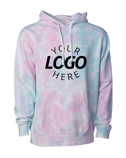 A tie-dye pink blue hooded sweatshirt with a placeholder text that reads 'YOUR LOGO HERE' on the front.