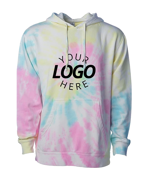 A tie-dye pink yellow blue hooded sweatshirt with a placeholder text that reads 'YOUR LOGO HERE' on the front.