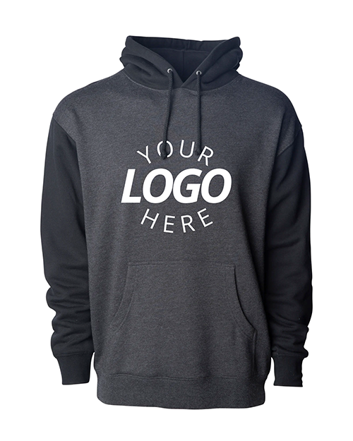 A Charcoal Heather Customizable Heavyweight Hooded Sweatshirt.