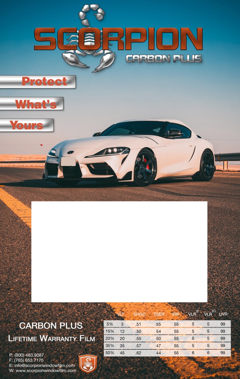A promotional carbon display board for Scorpion Carbon Plus with a background featuring a white sports car on a road