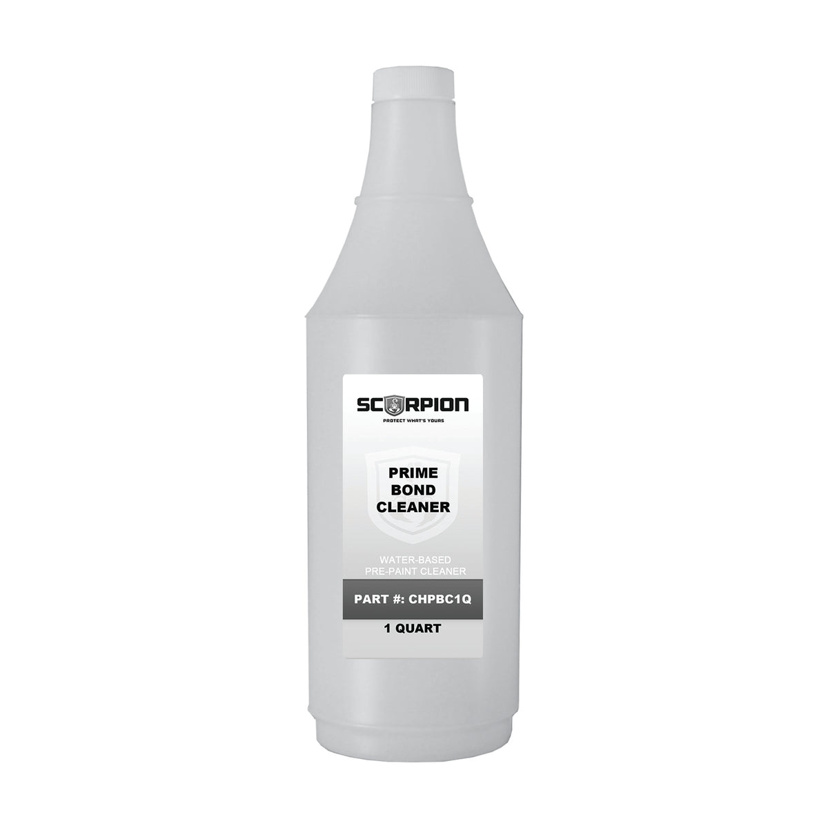A white quart-sized bottle of Scorpion Prime Cleaner.