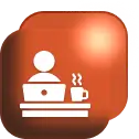 Person working at desk with coffee icon