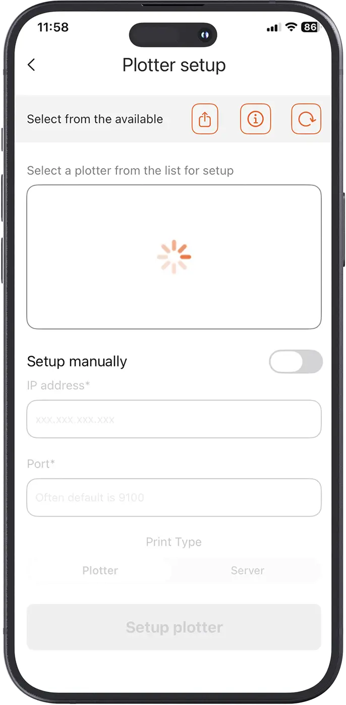 SCAN app screen showing send pattern to plotter