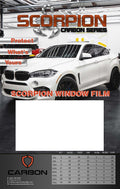 Advertisement on Carbon Metal Board for Scorpion Carbon Series window film on a car in a showroom.