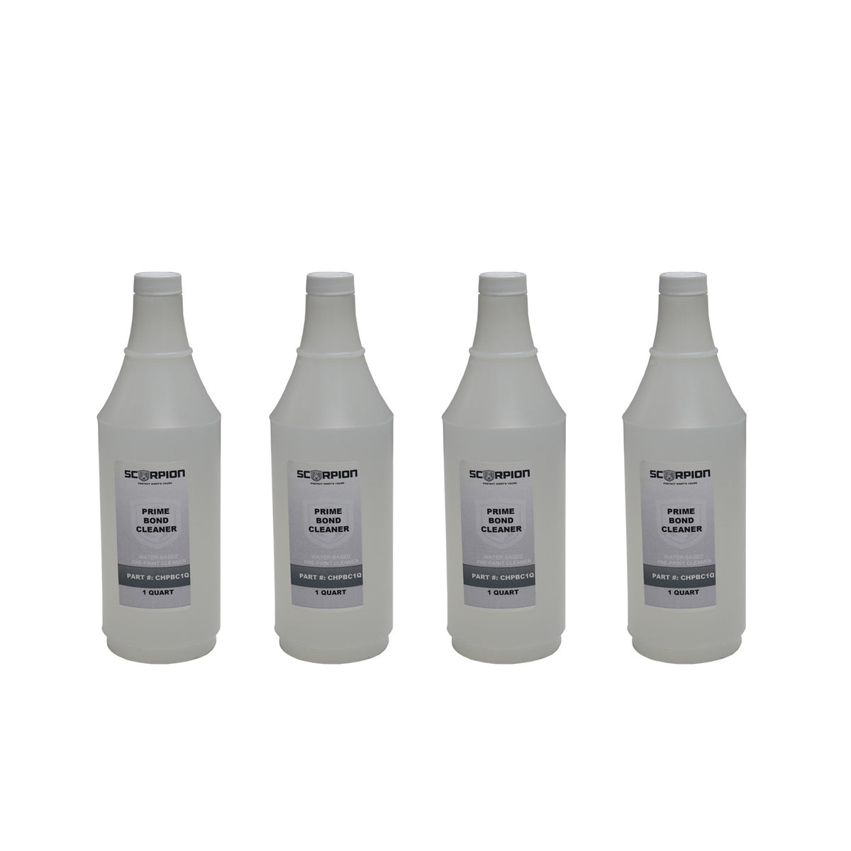 Four white gallon jugs labeled Scorpion Primer Bond Cleaner.