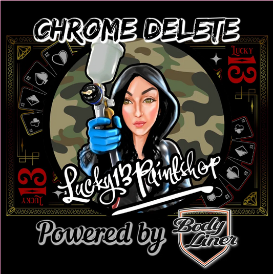Chrome Delete Solution - Promotional graphic for  Lucky13 Paintshop with a person holding a spray gun against a camouflage background.